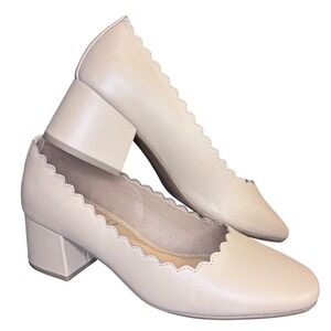 LC Lauren Conrad Women's Beige‎ Scalloped Pointed Toe Block Heel Pumps Shoes